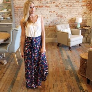 Navy floral wrap maxi skirt